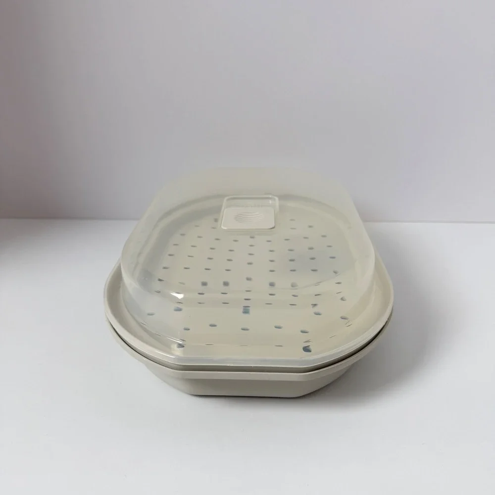 Vintage Progressive Miracle Ware Microwave Steamer Beige 3-Piece Set Vented Lid